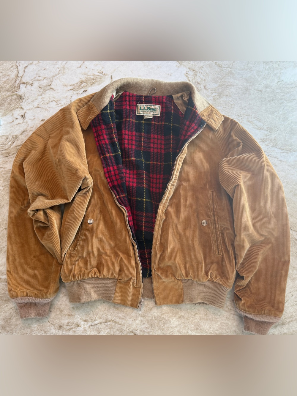 L.L. Bean Tan Corduroy Bomber Jacket with Red & Black Plaid Lining